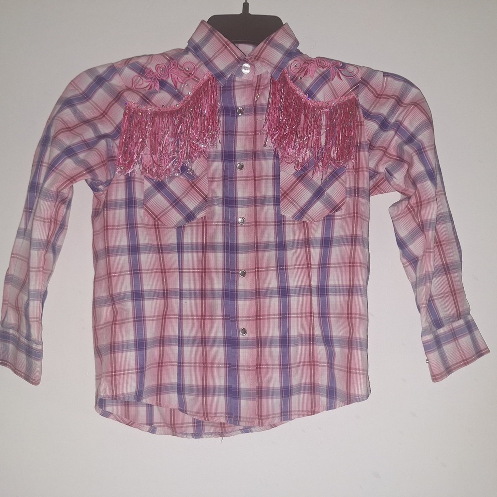Rodeo Girl Cowgirl Sz L Pearl Snap Western Shirt Pink White Fringe Dolly Large